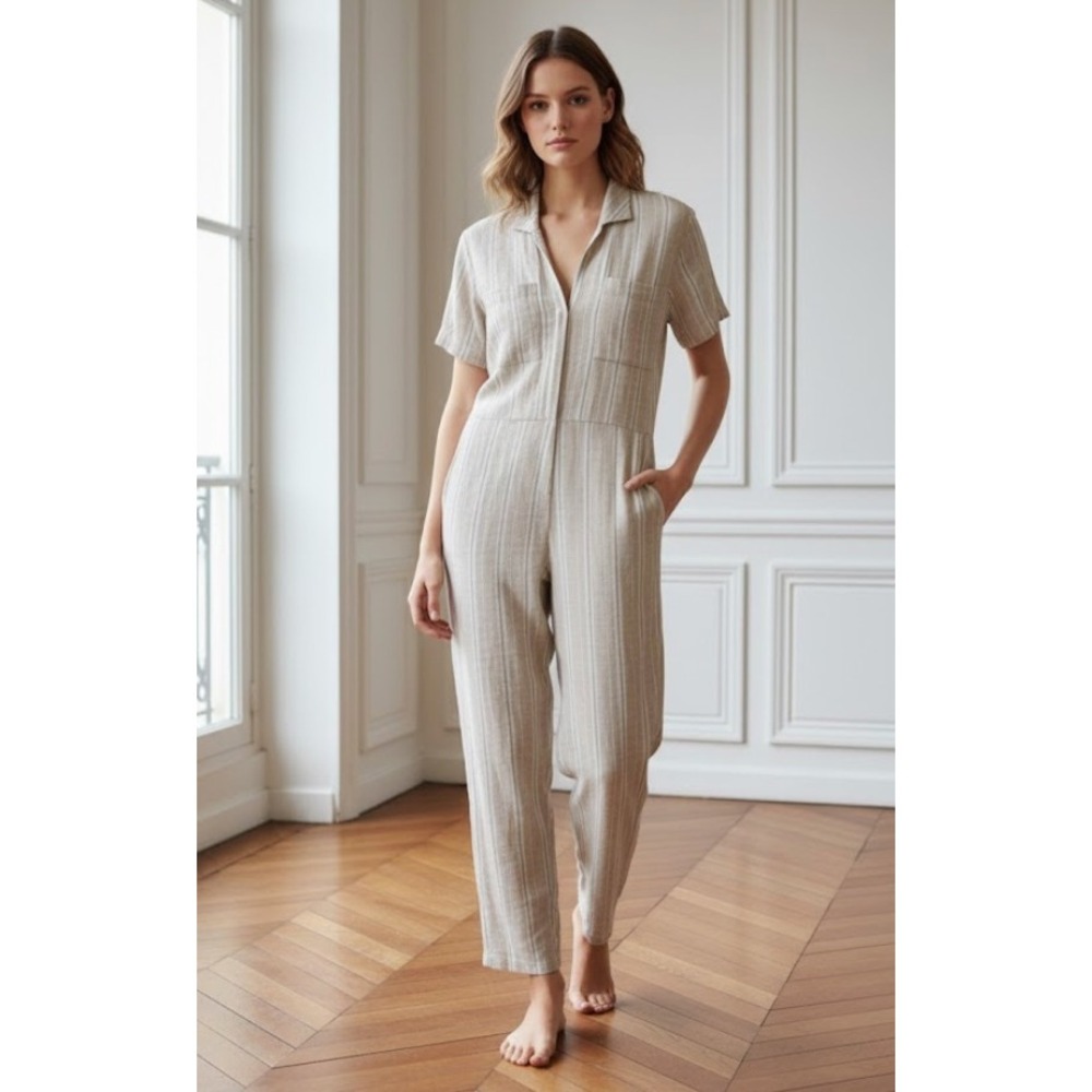 LILYA Tan White‎ Striped Wide Leg Short Sleeved Jumpsuit Size Small